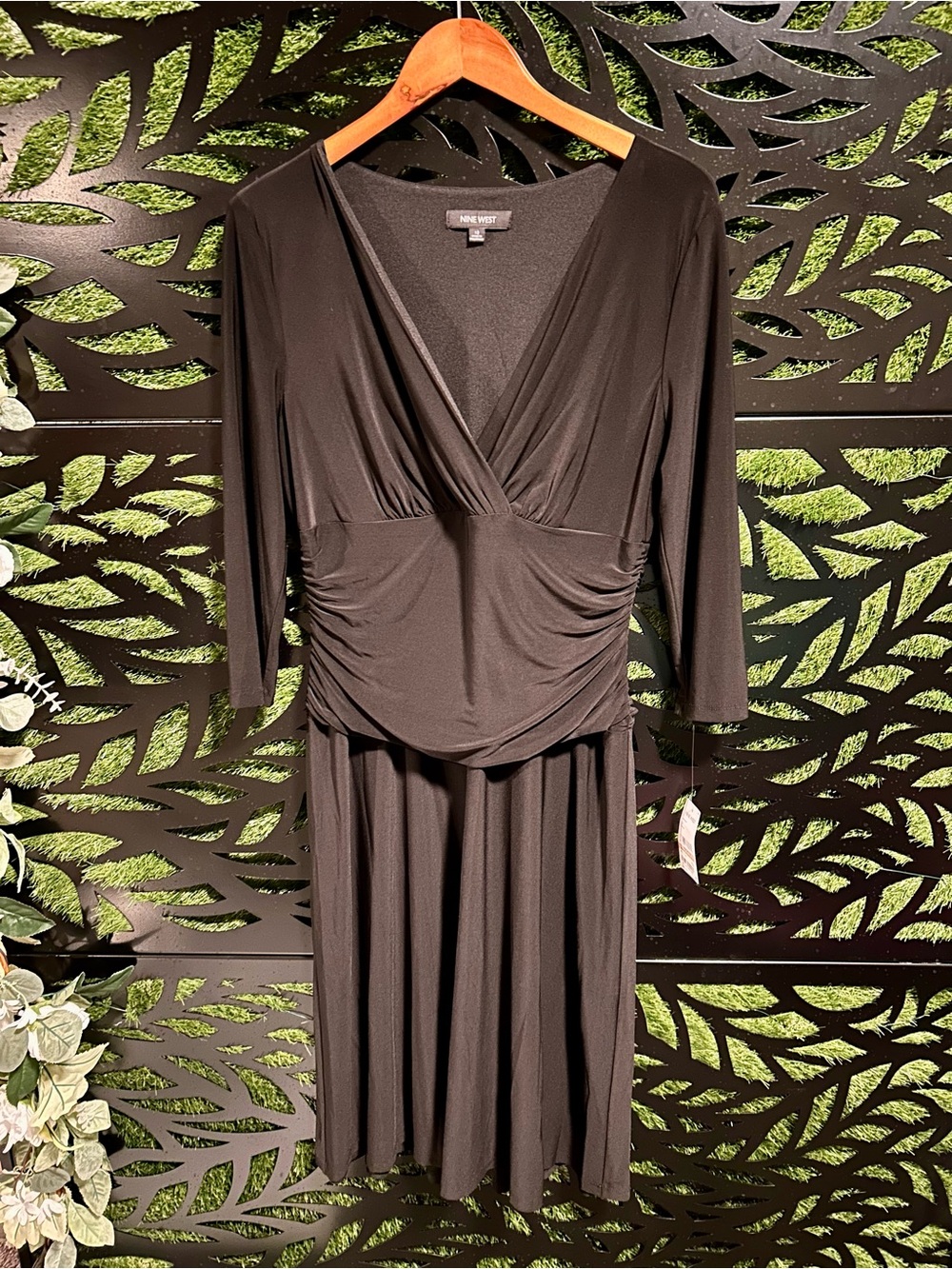 Nine West Black Long-Sleeve Faux-Wrap Midi Dress, Women's 12
